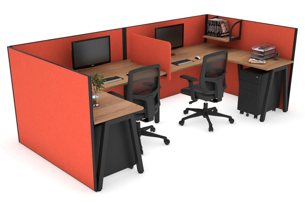Quadro A Legs 2 Person Corner Workstation - U Configuration - Black Frame [1400L x 1800W with Cable Scallop]-salvage oak squash orange biscuit panel