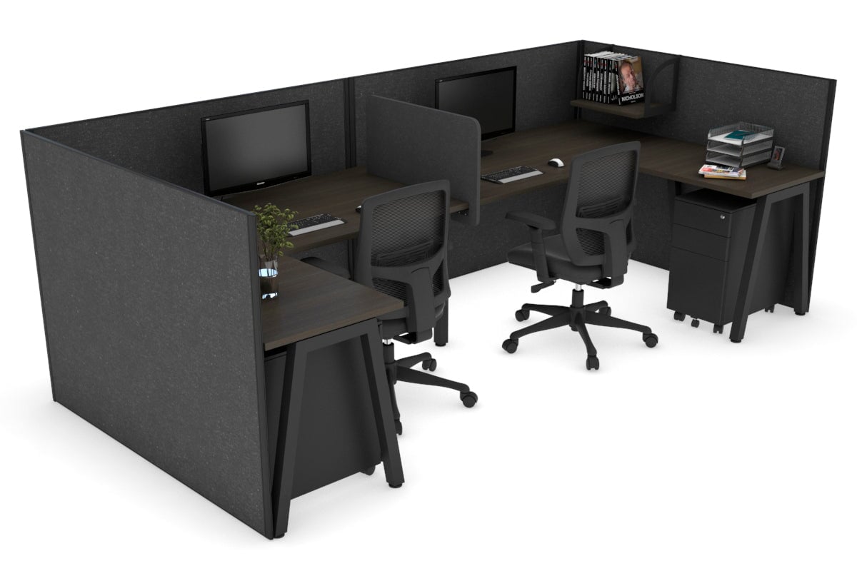 Quadro A Leg 2 Person Corner Workstations - U Configuration - Black Frame [1600L x 1800W with Cable Scallop] Jasonl dark oak moody charcoal biscuit panel