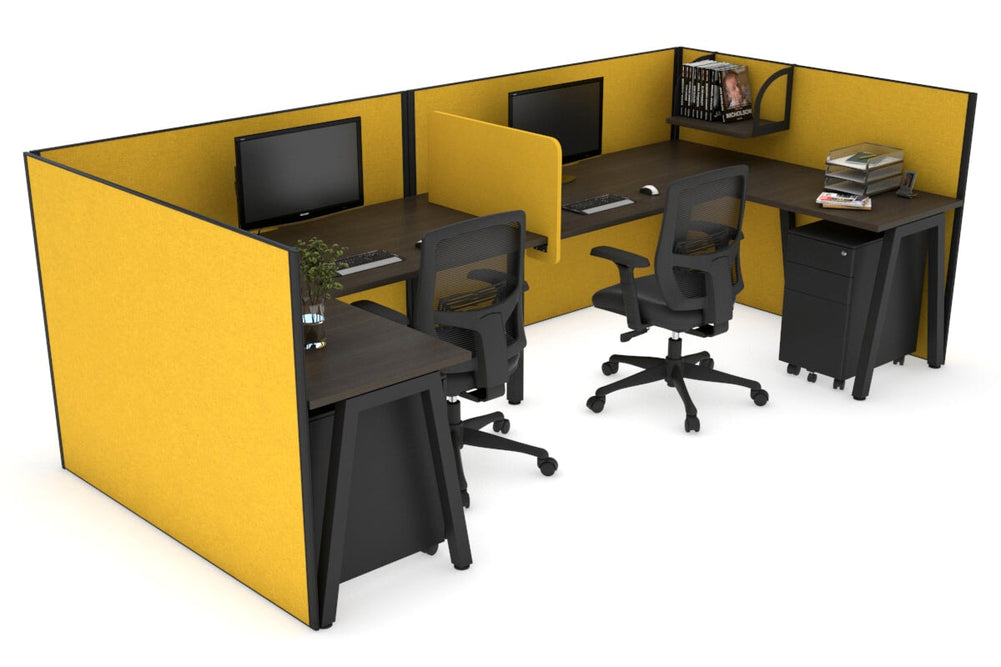 Quadro A Legs 2 Person Corner Workstation - U Configuration - Black Frame [1600L x 1800W with Cable Scallop]-dark oak mustard yellow biscuit panel