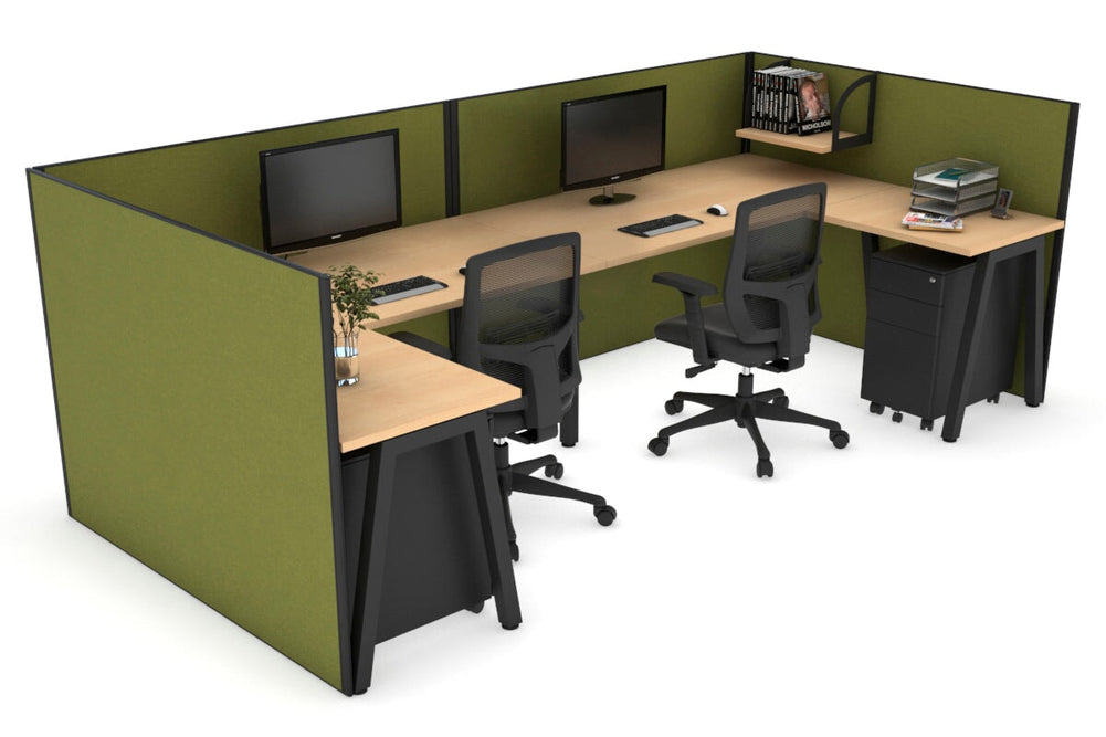 Quadro A Legs 2 Person Corner Workstation - U Configuration - Black Frame [1600L x 1800W with Cable Scallop]-maple green moss none