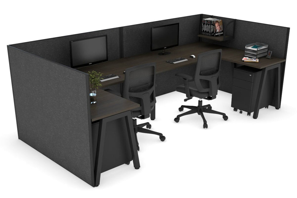 Quadro A Legs 2 Person Corner Workstation - U Configuration - Black Frame [1600L x 1800W with Cable Scallop]-dark oak moody charcoal none