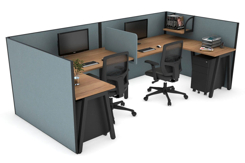 Quadro A Legs 2 Person Corner Workstation - U Configuration - Black Frame [1600L x 1800W with Cable Scallop]-salvage oak cool grey biscuit panel