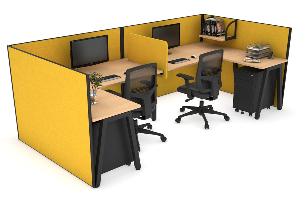 Quadro A Legs 2 Person Corner Workstation - U Configuration - Black Frame [1600L x 1800W with Cable Scallop]-maple mustard yellow biscuit panel
