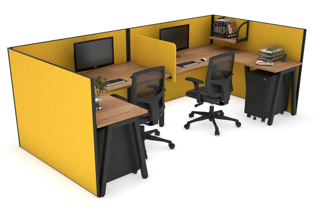 Quadro A Legs 2 Person Corner Workstation - U Configuration - Black Frame [1600L x 1800W with Cable Scallop]-salvage oak mustard yellow biscuit panel