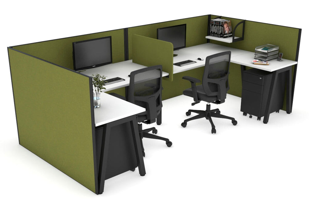 Quadro A Legs 2 Person Corner Workstation - U Configuration - Black Frame [1600L x 1800W with Cable Scallop]-white green moss biscuit panel