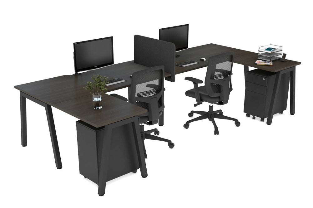 Quadro A Legs 2 Person Corner Workstation - U Configuration - Black Frame [1600L x 1800W with Cable Scallop]-dark oak none biscuit panel
