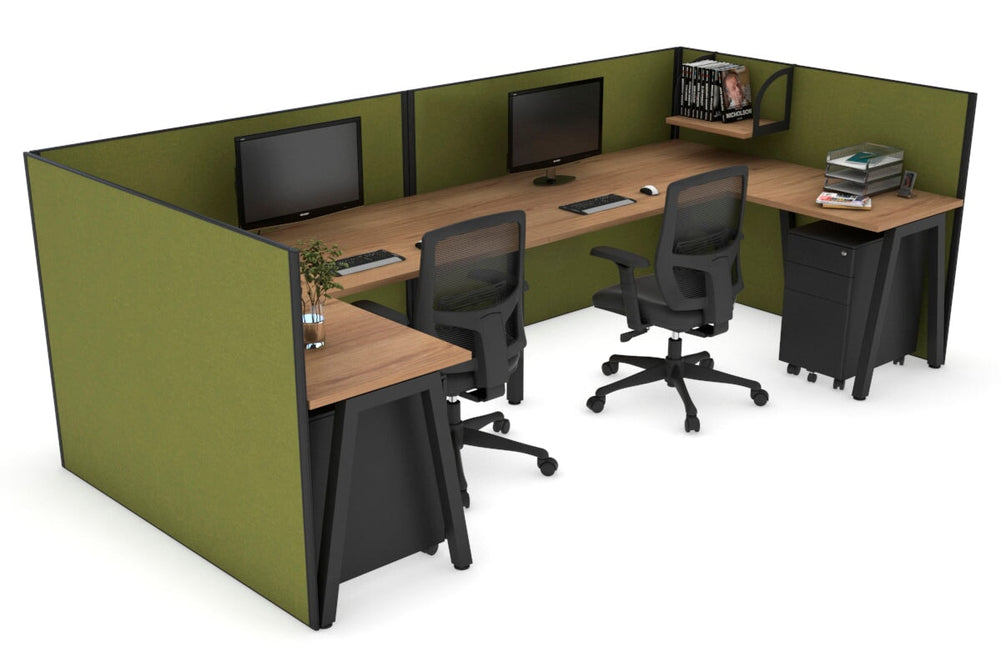 Quadro A Legs 2 Person Corner Workstation - U Configuration - Black Frame [1600L x 1800W with Cable Scallop]-salvage oak green moss none