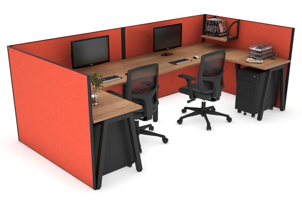 Quadro A Legs 2 Person Corner Workstation - U Configuration - Black Frame [1600L x 1800W with Cable Scallop]-salvage oak squash orange none