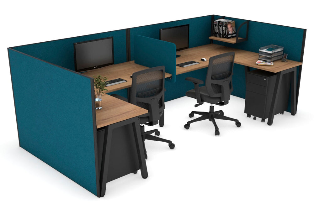 Quadro A Legs 2 Person Corner Workstation - U Configuration - Black Frame [1800L x 1800W with Cable Scallop]-salvage oak deep blue biscuit panel