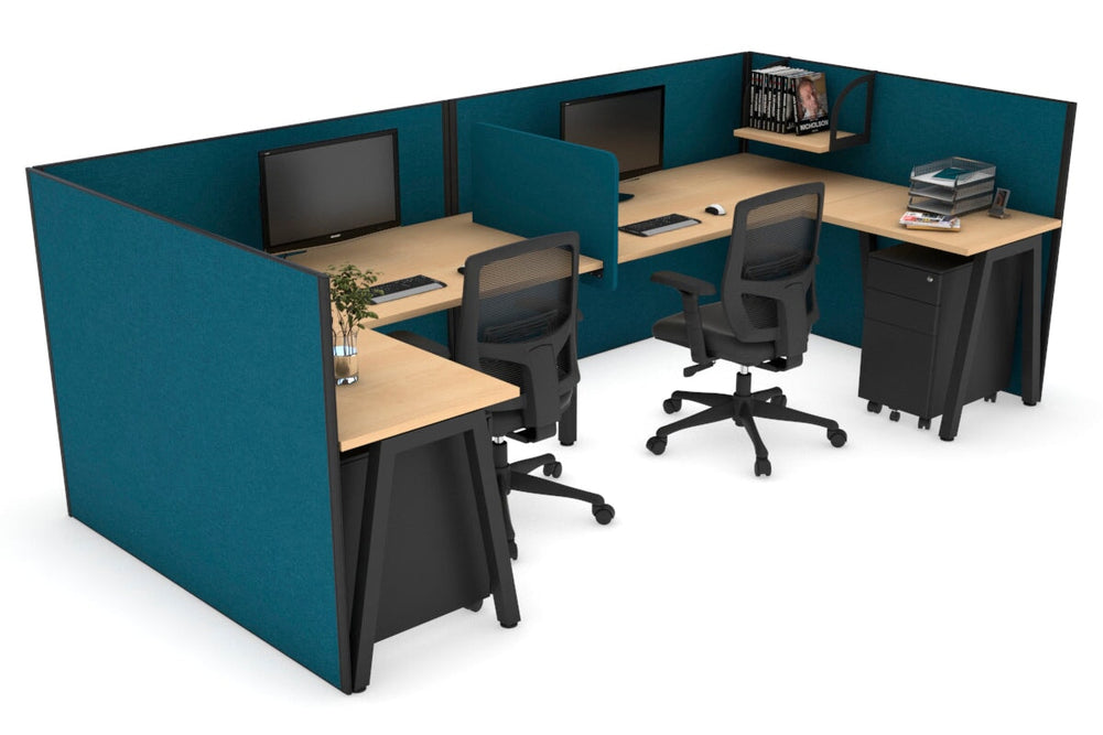 Quadro A Legs 2 Person Corner Workstation - U Configuration - Black Frame [1800L x 1800W with Cable Scallop]-maple deep blue biscuit panel