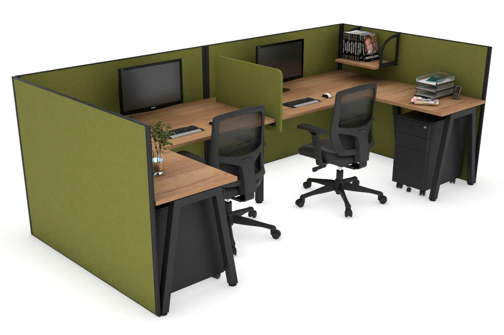 Quadro A Legs 2 Person Corner Workstation - U Configuration - Black Frame [1800L x 1800W with Cable Scallop]-salvage oak green moss biscuit panel