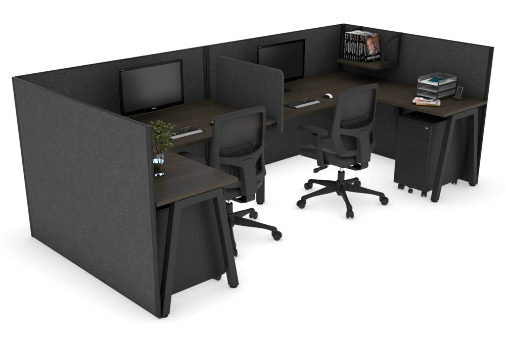 Quadro A Legs 2 Person Corner Workstation - U Configuration - Black Frame [1800L x 1800W with Cable Scallop]-dark oak moody charcoal biscuit panel