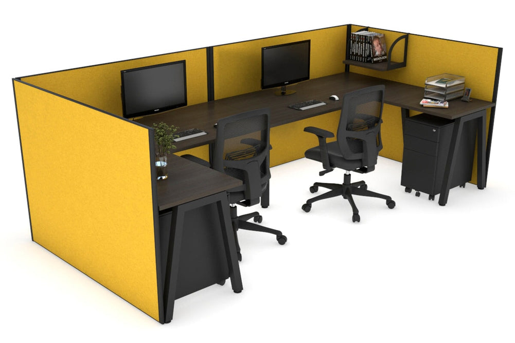 Quadro A Legs 2 Person Corner Workstation - U Configuration - Black Frame [1800L x 1800W with Cable Scallop]-dark oak mustard yellow none