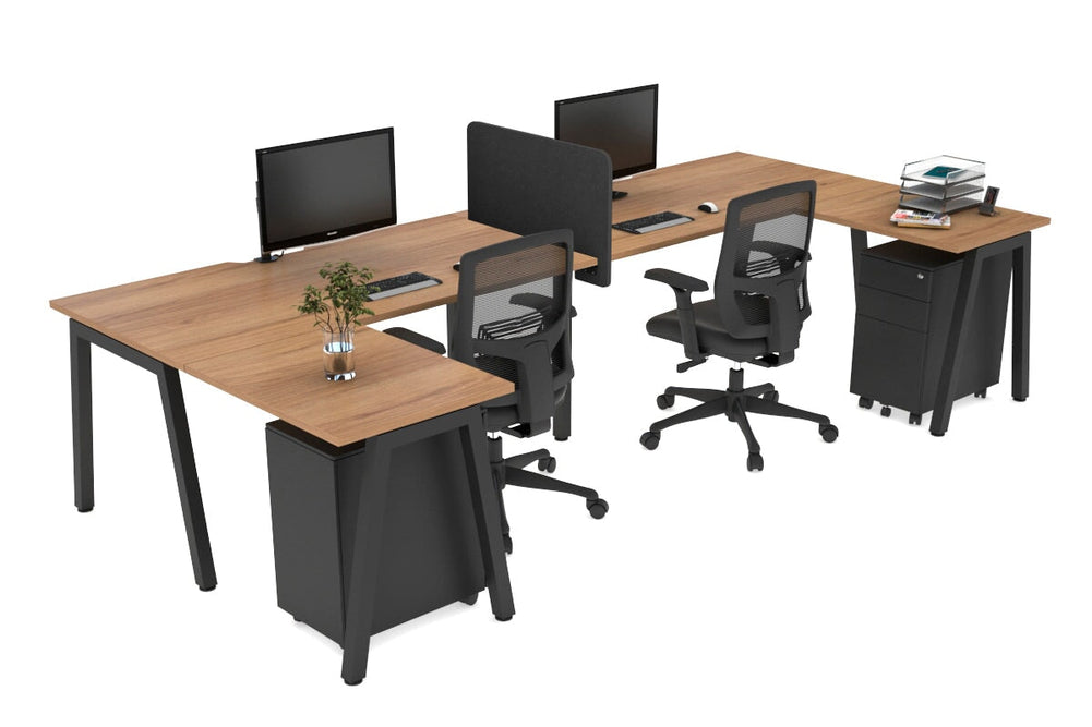 Quadro A Legs 2 Person Corner Workstation - U Configuration - Black Frame [1800L x 1800W with Cable Scallop]-salvage oak none biscuit panel