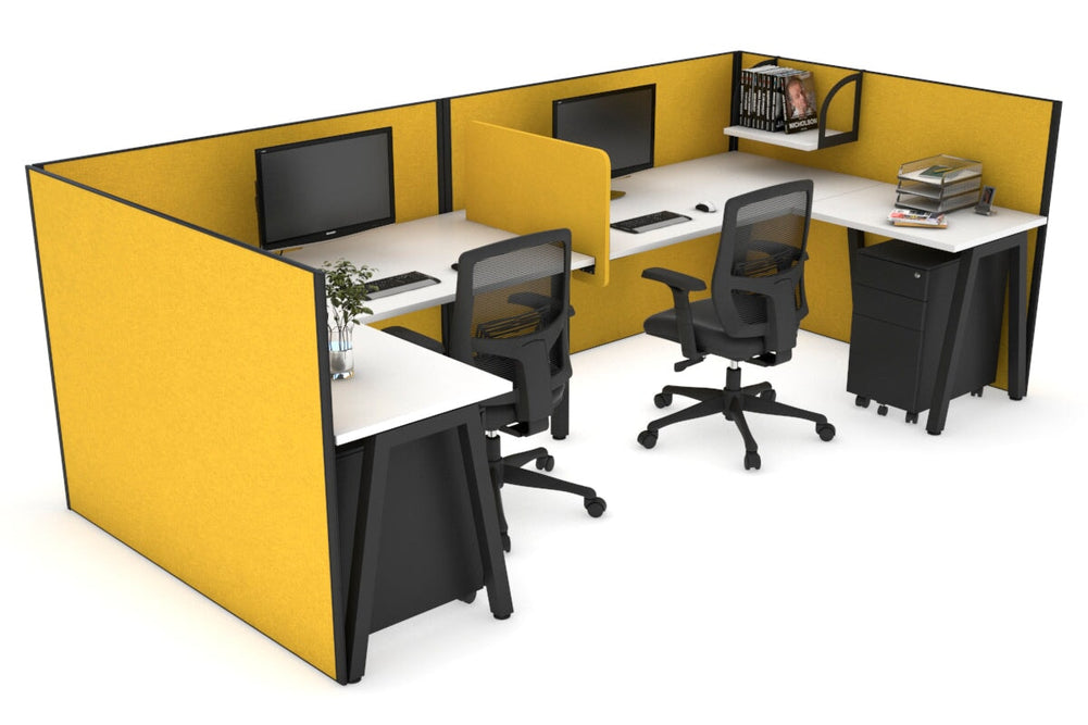 Quadro A Legs 2 Person Corner Workstation - U Configuration - Black Frame [1800L x 1800W with Cable Scallop]-white mustard yellow biscuit panel