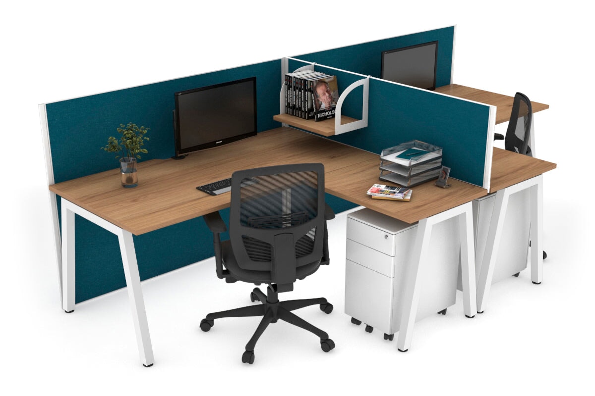 Quadro A Leg 2 Person Corner Workstations - T Configuration [1400L x 1800W with Cable Scallop] Jasonl white leg salvage oak deep blue