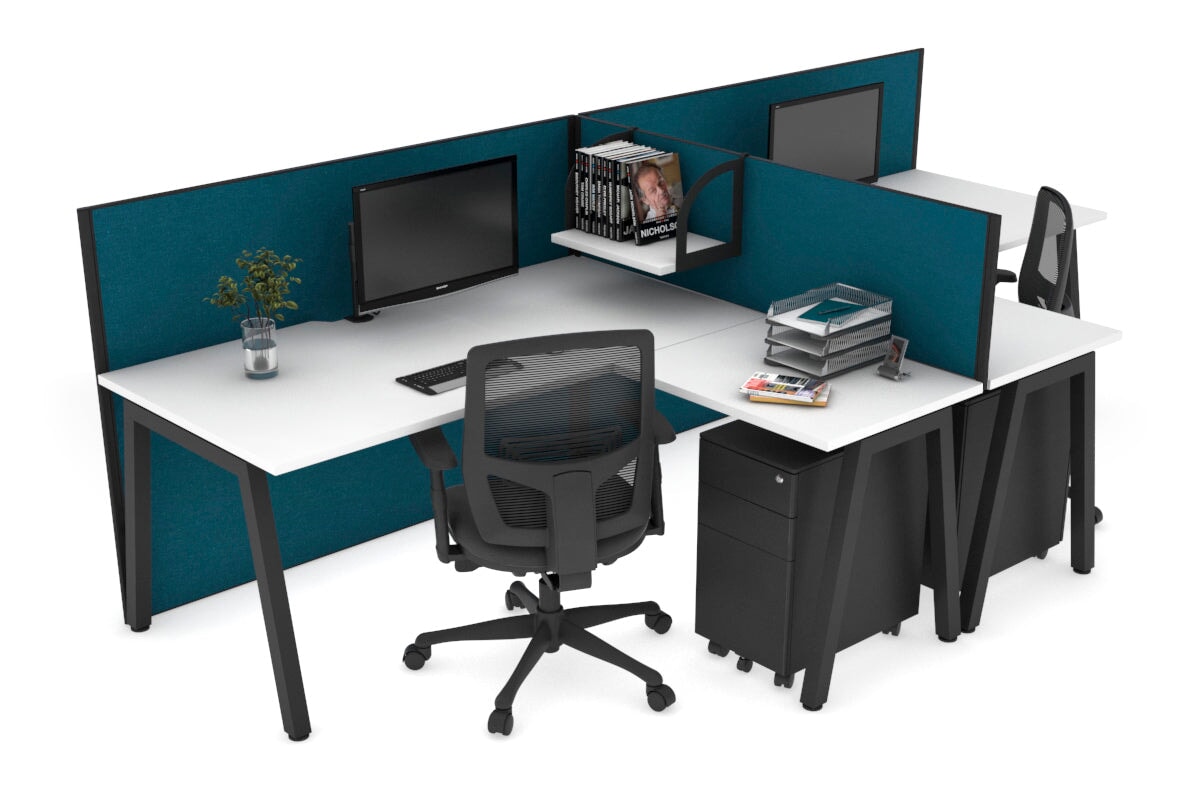 Quadro A Leg 2 Person Corner Workstations - T Configuration [1400L x 1800W with Cable Scallop] Jasonl black leg white deep blue