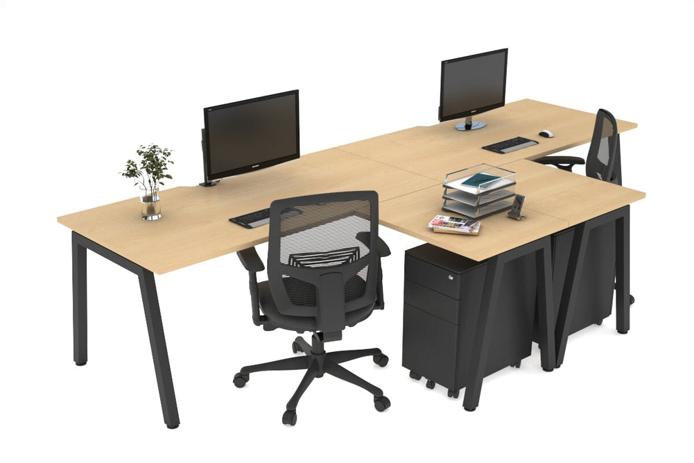 Quadro A Legs 2 Person Corner Workstation - T Configuration [1400L x 1800W with Cable Scallop]-black leg maple none