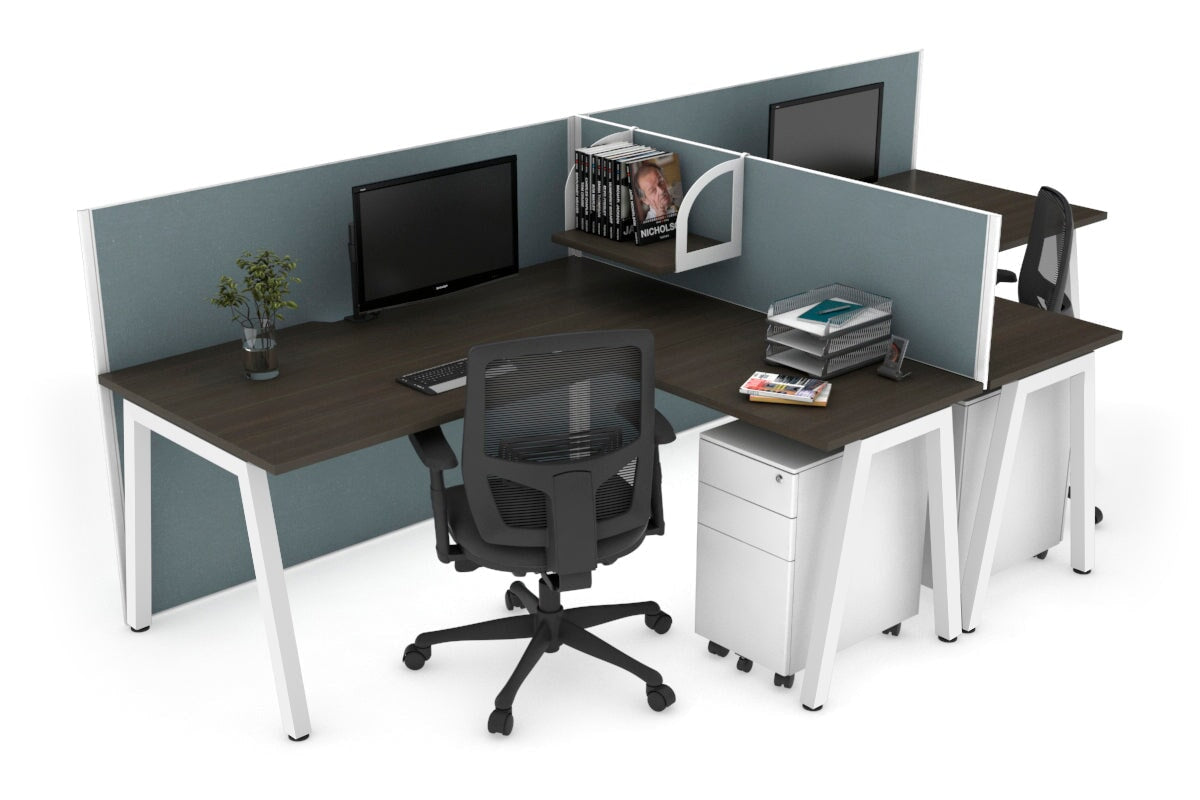 Quadro A Leg 2 Person Corner Workstations - T Configuration [1400L x 1800W with Cable Scallop] Jasonl white leg dark oak cool grey