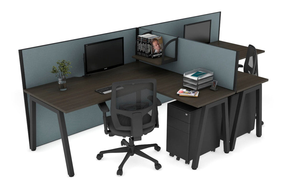 Quadro A Legs 2 Person Corner Workstation - T Configuration [1400L x 1800W with Cable Scallop]-black leg dark oak cool grey