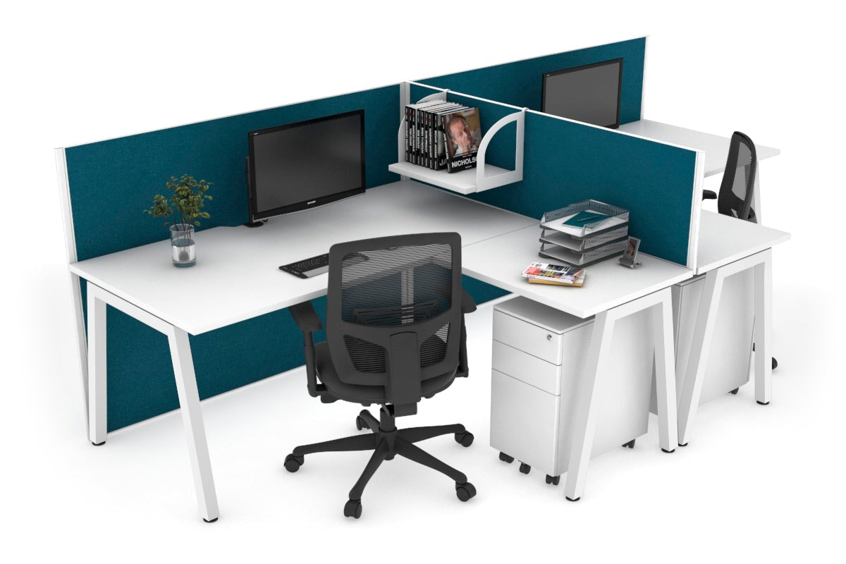 Quadro A Leg 2 Person Corner Workstations - T Configuration [1400L x 1800W with Cable Scallop] Jasonl white leg white deep blue