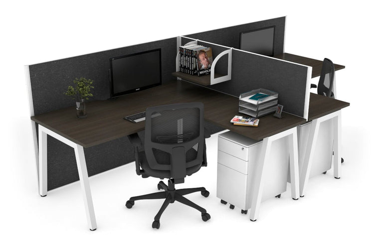 Quadro A Leg 2 Person Corner Workstations - T Configuration [1400L x 1800W with Cable Scallop] Jasonl white leg dark oak moody charcoal