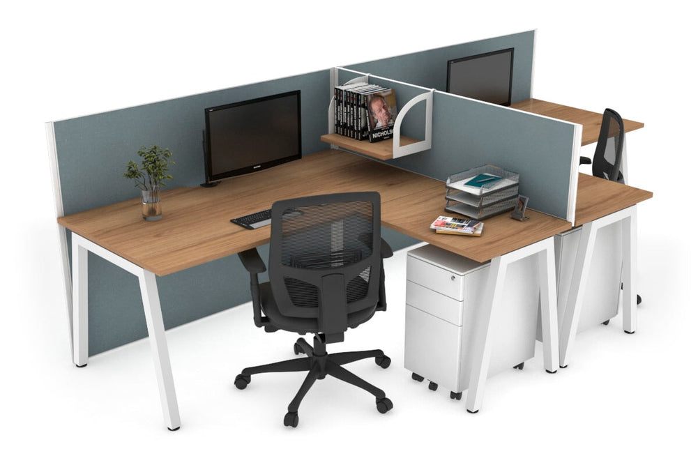 Quadro A Legs 2 Person Corner Workstation - T Configuration [1400L x 1800W with Cable Scallop]-white leg salvage oak cool grey