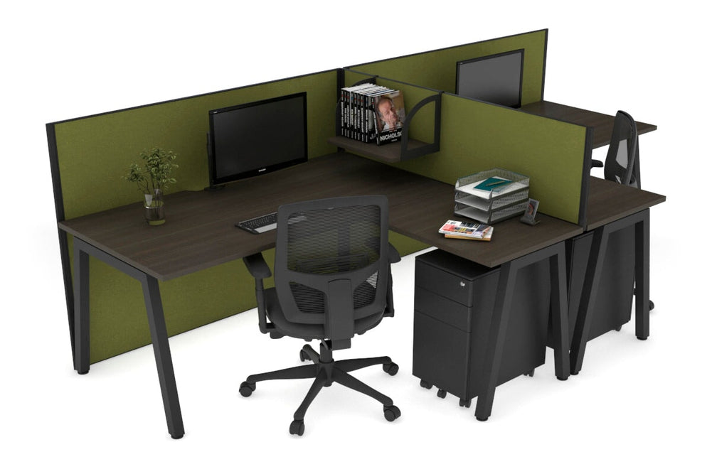 Quadro A Legs 2 Person Corner Workstation - T Configuration [1400L x 1800W with Cable Scallop]-black leg dark oak green moss