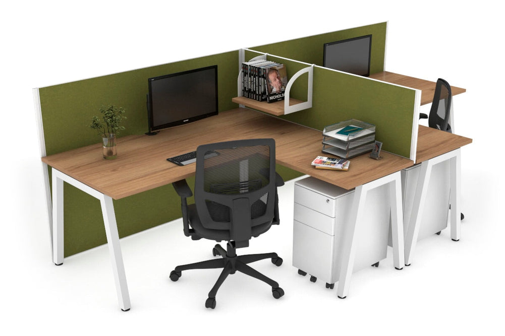 Quadro A Legs 2 Person Corner Workstation - T Configuration [1400L x 1800W with Cable Scallop]-white leg salvage oak green moss