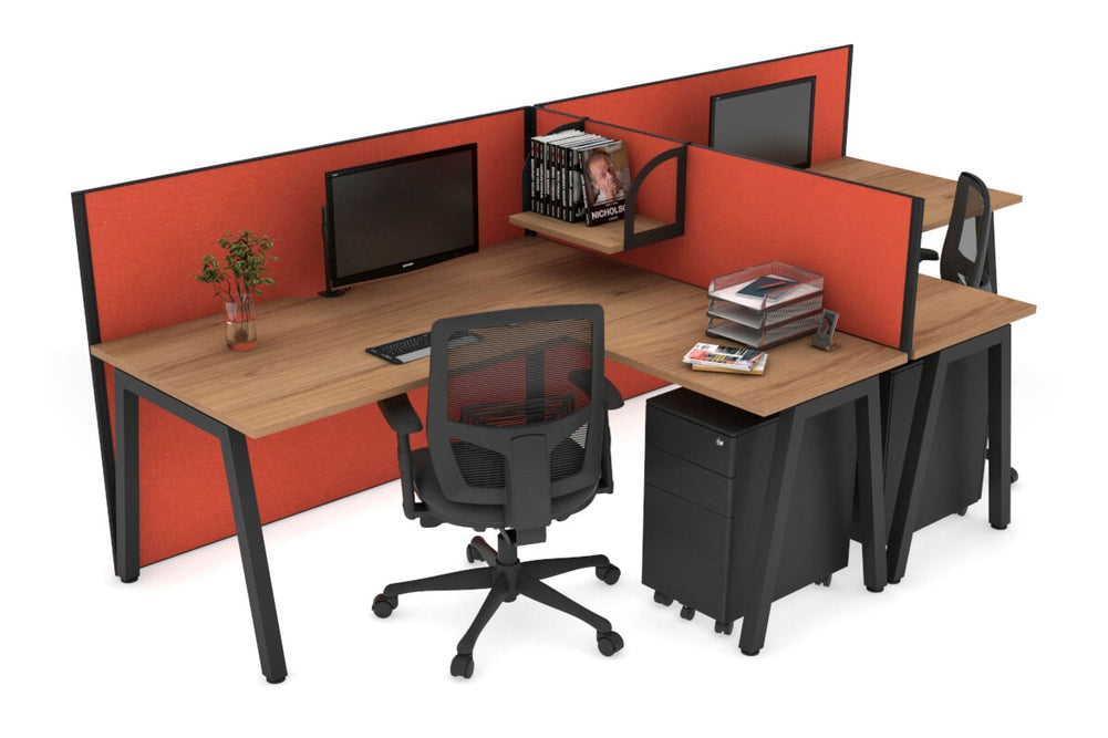 Quadro A Legs 2 Person Corner Workstation - T Configuration [1400L x 1800W with Cable Scallop]-black leg salvage oak squash orange