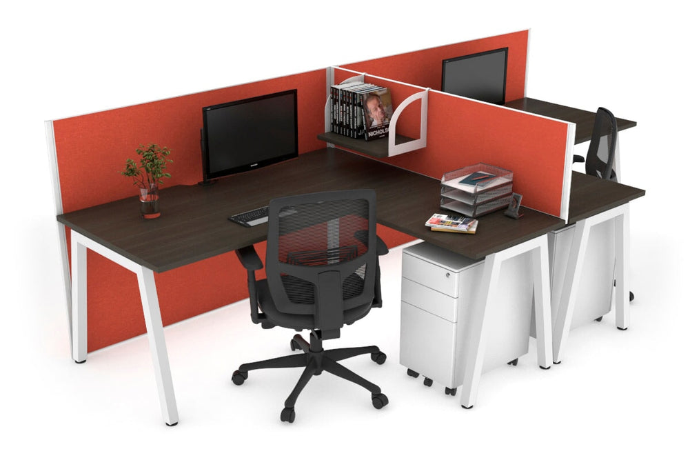 Quadro A Legs 2 Person Corner Workstation - T Configuration [1400L x 1800W with Cable Scallop]-white leg dark oak squash orange