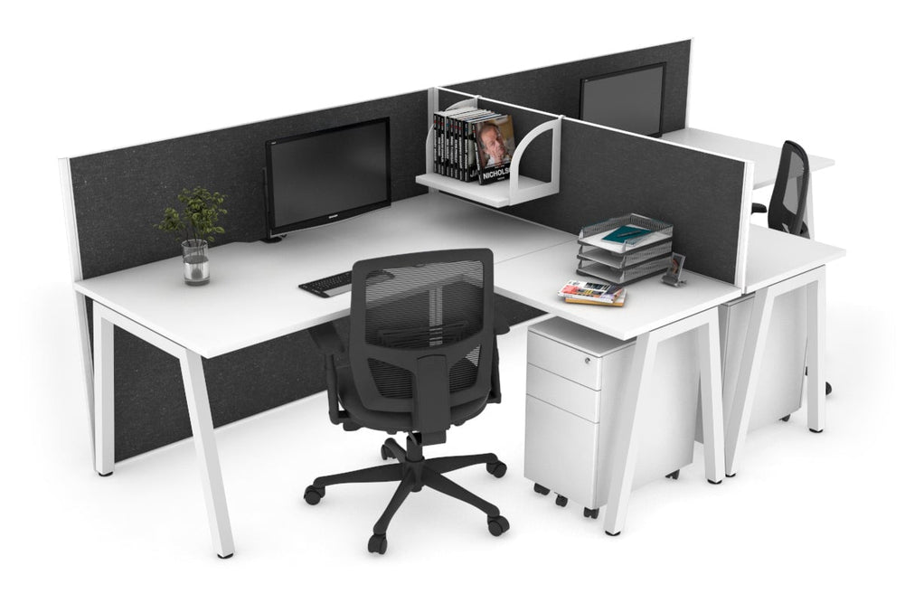 Quadro A Legs 2 Person Corner Workstation - T Configuration [1400L x 1800W with Cable Scallop]-white leg white moody charcoal