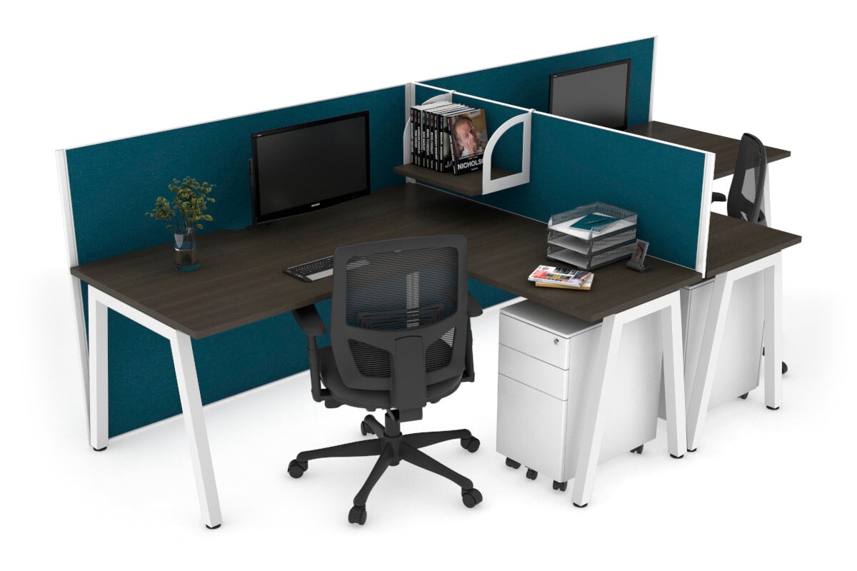 Quadro A Leg 2 Person Corner Workstations - T Configuration [1400L x 1800W with Cable Scallop] Jasonl white leg dark oak deep blue