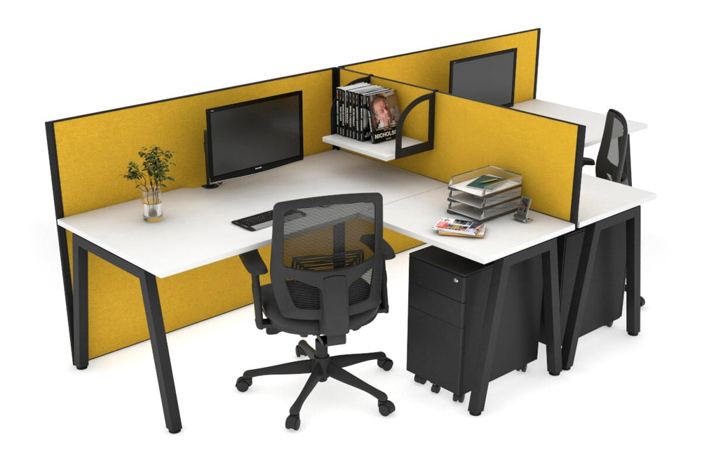 Quadro A Legs 2 Person Corner Workstation - T Configuration [1400L x 1800W with Cable Scallop]-black leg white mustard yellow