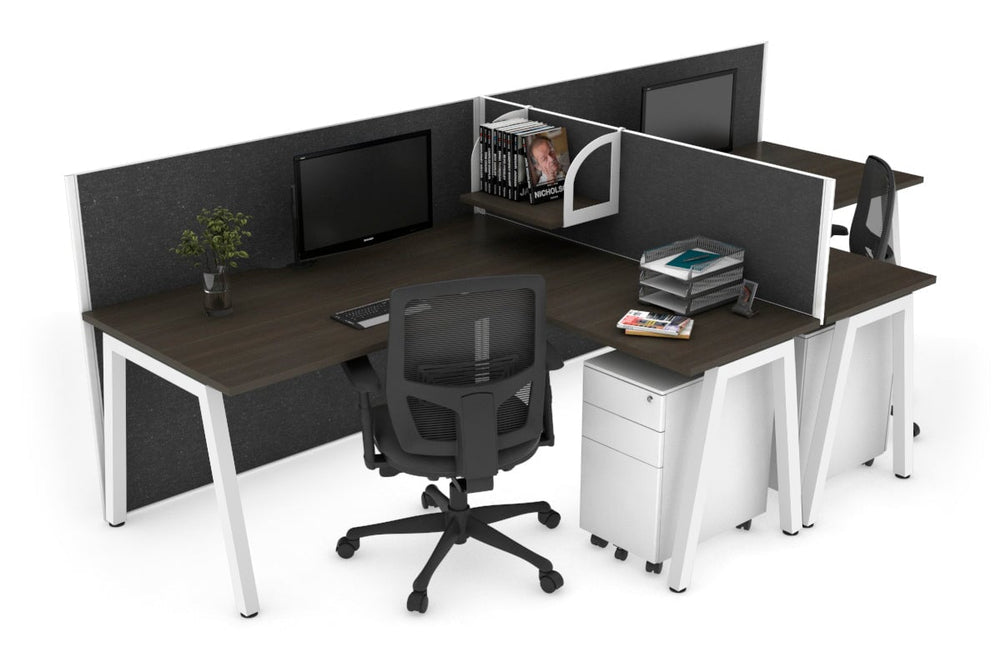 Quadro A Legs 2 Person Corner Workstation - T Configuration [1600L x 1800W with Cable Scallop]-white leg dark oak moody charcoal
