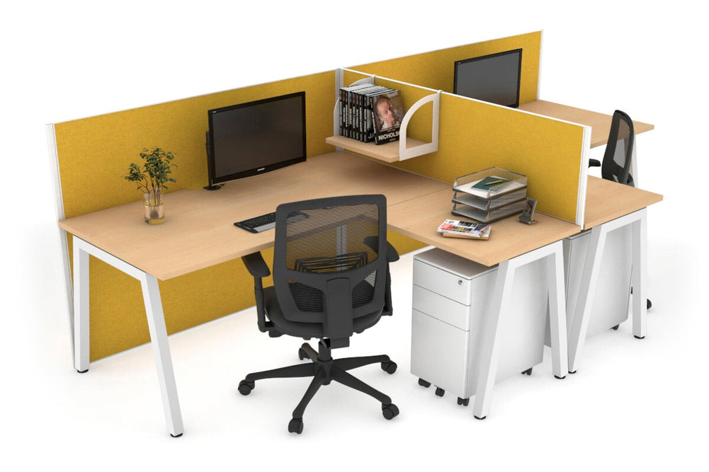 Quadro A Legs 2 Person Corner Workstation - T Configuration [1600L x 1800W with Cable Scallop]-white leg maple mustard yellow