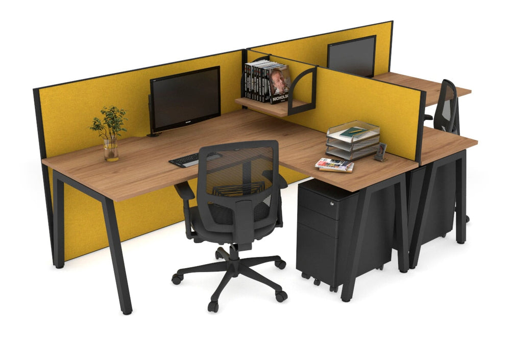 Quadro A Legs 2 Person Corner Workstation - T Configuration [1600L x 1800W with Cable Scallop]-black leg salvage oak mustard yellow