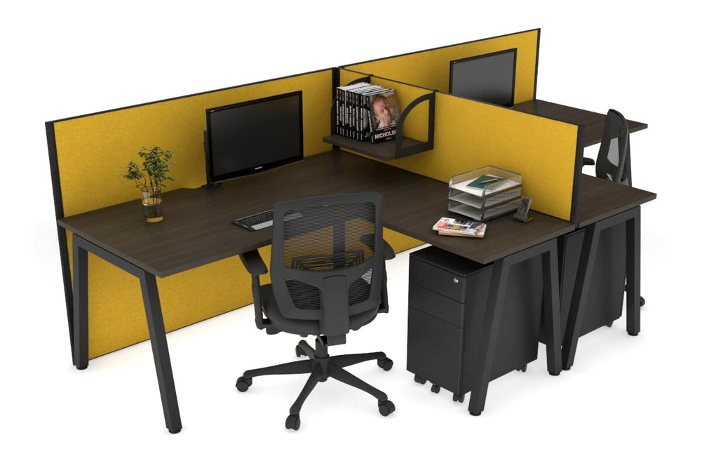 Quadro A Legs 2 Person Corner Workstation - T Configuration [1600L x 1800W with Cable Scallop]-black leg dark oak mustard yellow