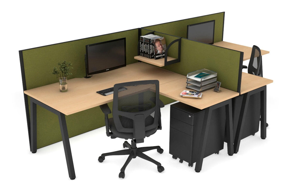 Quadro A Legs 2 Person Corner Workstation - T Configuration [1600L x 1800W with Cable Scallop]-black leg maple green moss