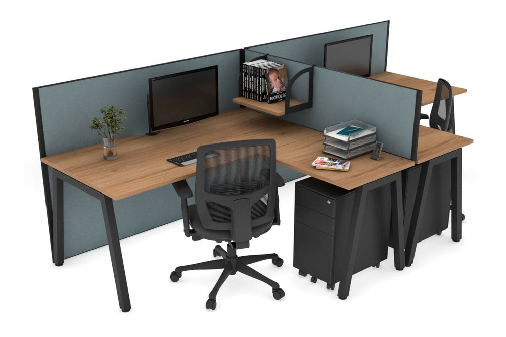 Quadro A Legs 2 Person Corner Workstation - T Configuration [1600L x 1800W with Cable Scallop]-black leg salvage oak cool grey
