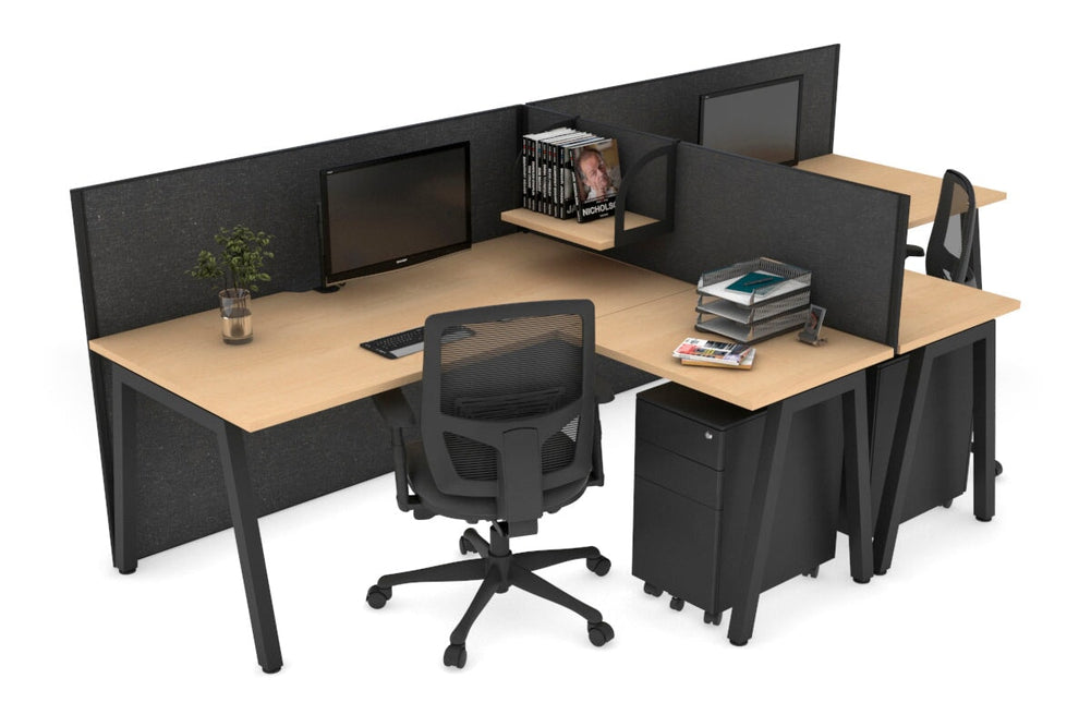 Quadro A Legs 2 Person Corner Workstation - T Configuration [1600L x 1800W with Cable Scallop]-black leg maple moody charcoal