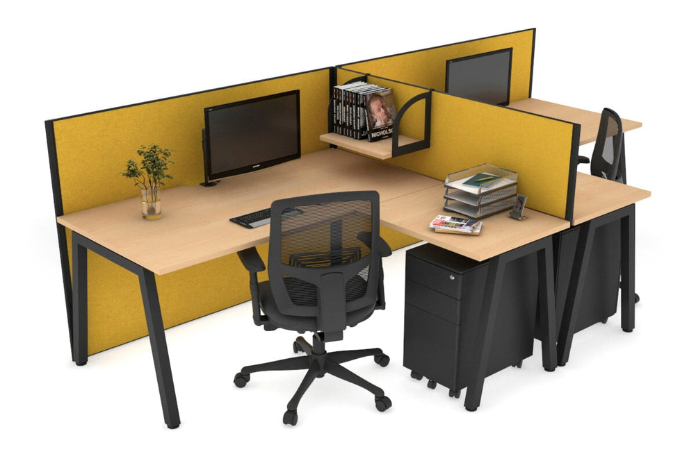 Quadro A Legs 2 Person Corner Workstation - T Configuration [1600L x 1800W with Cable Scallop]-black leg maple mustard yellow