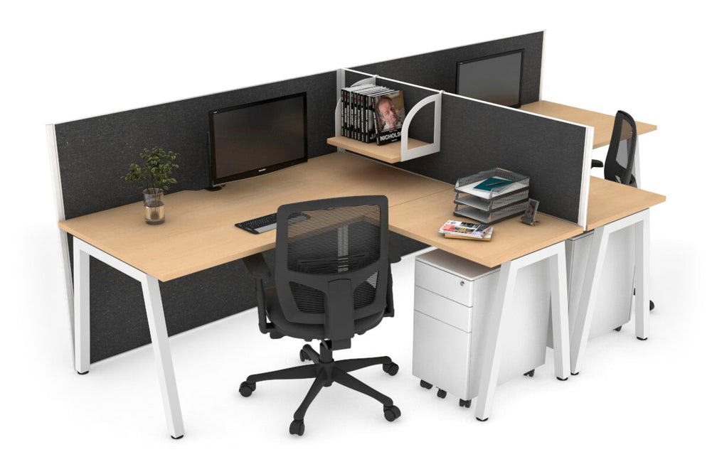 Quadro A Legs 2 Person Corner Workstation - T Configuration [1600L x 1800W with Cable Scallop]-white leg maple moody charcoal