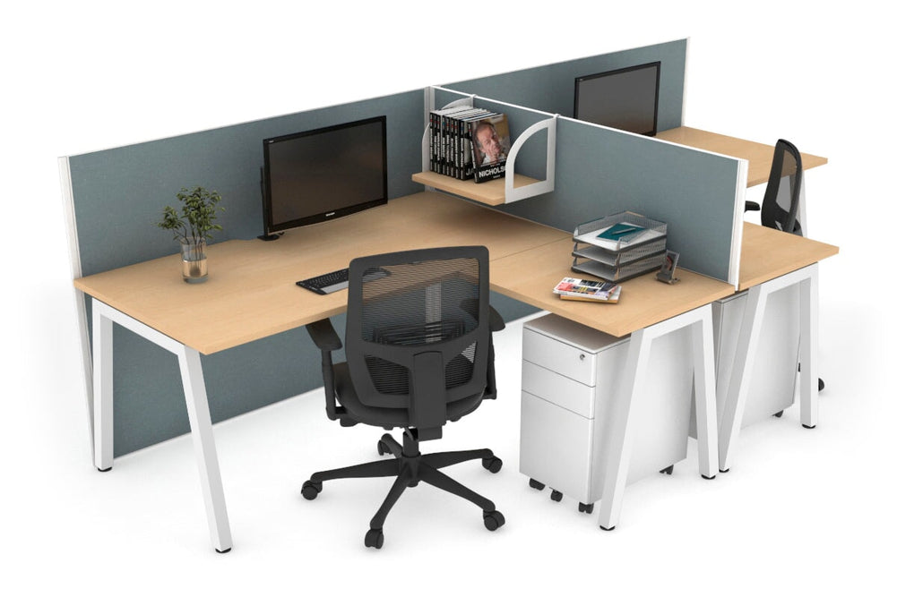Quadro A Legs 2 Person Corner Workstation - T Configuration [1600L x 1800W with Cable Scallop]-white leg maple cool grey