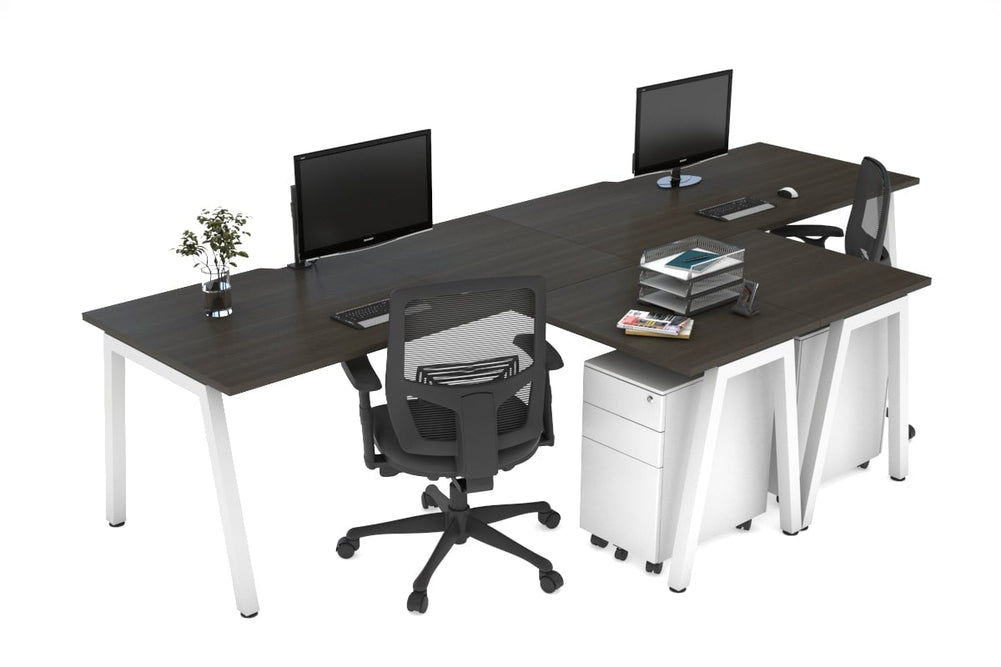 Quadro A Legs 2 Person Corner Workstation - T Configuration [1600L x 1800W with Cable Scallop]-white leg dark oak none