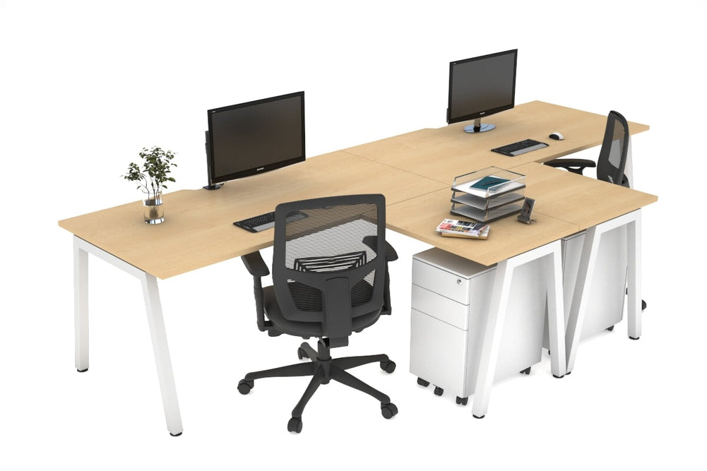 Quadro A Legs 2 Person Corner Workstation - T Configuration [1800L x 1800W with Cable Scallop]-white leg maple none