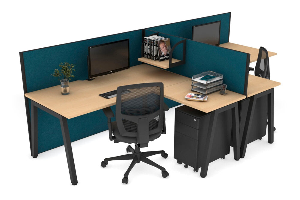Quadro A Legs 2 Person Corner Workstation - T Configuration [1800L x 1800W with Cable Scallop]-black leg maple deep blue