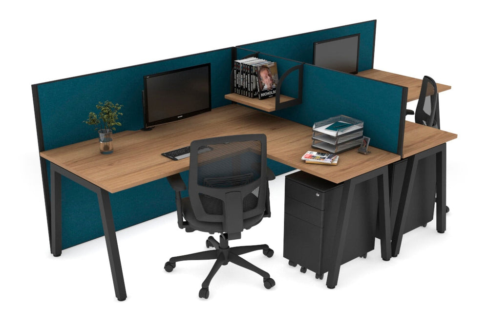 Quadro A Legs 2 Person Corner Workstation - T Configuration [1800L x 1800W with Cable Scallop]-black leg salvage oak deep blue