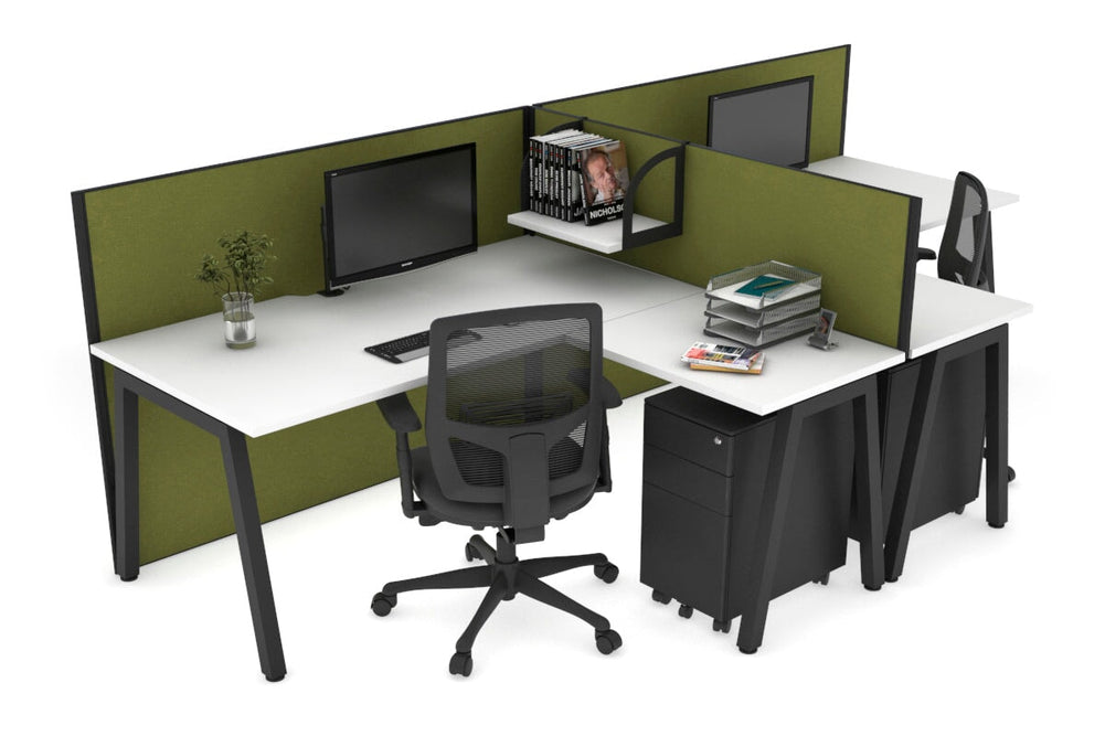 Quadro A Legs 2 Person Corner Workstation - T Configuration [1800L x 1800W with Cable Scallop]-black leg white green moss