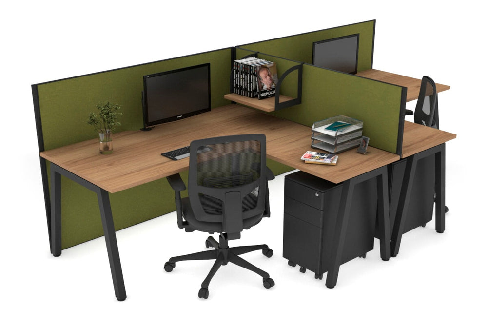 Quadro A Legs 2 Person Corner Workstation - T Configuration [1800L x 1800W with Cable Scallop]-black leg salvage oak green moss